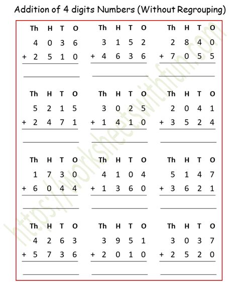 4 digits addition|4 digit addition without regrouping.